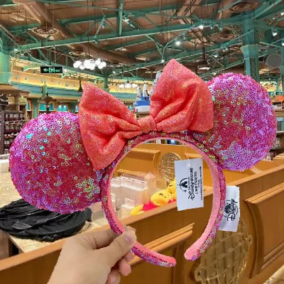 US Disney Parks Orange Red Bow Exclusive Minnie Mouse Ears Sequins Headband NWT • $15.89