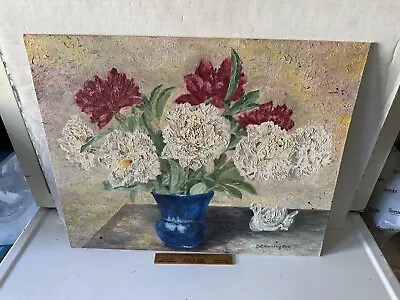 Vintage 16” X  20” Oil Painting Still Life Bowl Flowers Signed D P Harrington • $35