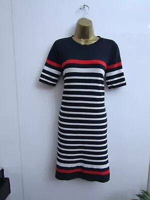 Paul Costelloe Ladies Navy Blue White Red Striped Nautical Dress Size 10 • £6.99