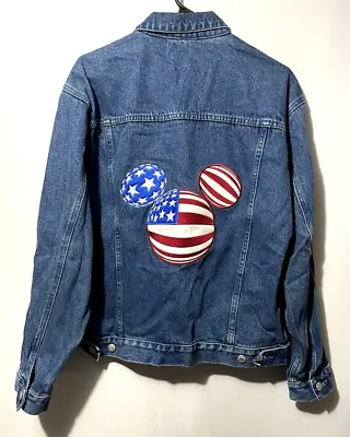 Disneyland Resort Mickey Mouse Embroidered Denim Jean Jacket Flag Vintage Size S • $26.95