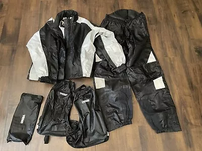 XELEMENT MOTORCYCLE 3pc LINED RAIN GEAR UNISEX EUC COAT PANTS & BOOTS SZ L • $75.95