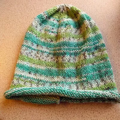 Hand Knitted Ladies Fair Isle Effect Beanie Hat. Shades Of Green. • £3.50