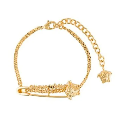 NEW $425 VERSACE TRIBUTE Gold Tone MEDUSA SAFETY PIN Charm Double Link BRACELET • $450.09