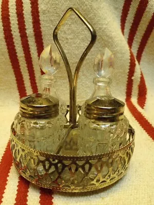 Set Of Vintage Cut Glass Oil & Vinegar Cruets Salt & Pepper Shakers Caddy • $5.50