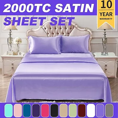 2000TC Silk Satin Flat Fitted Sheet Set Pillowcase Queen/Double/Single/King AUS • $34.19