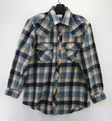 VINTAGE Sears Shirt Men Medium Blue Flannel Western Pearl Snap Flap Pockets • $26.99