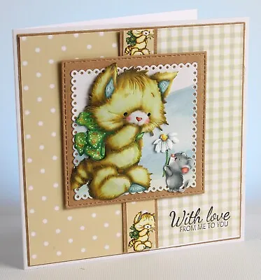Handmade Customise Decoupage Card Cat Mouse Flower 'With Love From Me To You 6x6 • £2.70
