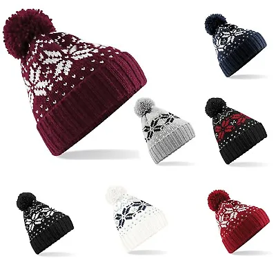 Womens Mens Fairisle Bobble Hat Winter Woolly Knit Apres Ski Pom Pom Beanie Hats • £8.99