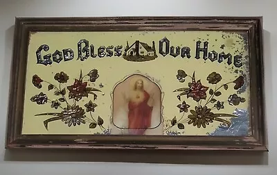 Vintage - GOD BLESS OUR HOME Foil Glass Wall Art Picture With Jesus • $16.99