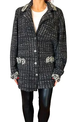 Stizzoli Vintage Women's Gray Wool Mohair Knit Floral Applique Knit Jacket 54 Xl • $50.99