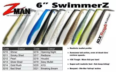 Brand New -  Zman 6  Inch SwimmerZ Soft Plastic Fishing Lures Z Man Zman Swimmer • $17.77