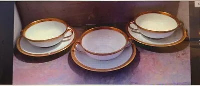 3 Victoria White China W/ Gold Trim Handle Cream Cups & Saucers - Czechoslovakia • $19.99