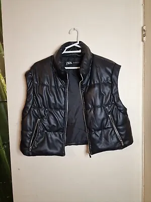 Zara Faux Leather Puffer Gilet Size L Oversized Black Very Warm • $3.72