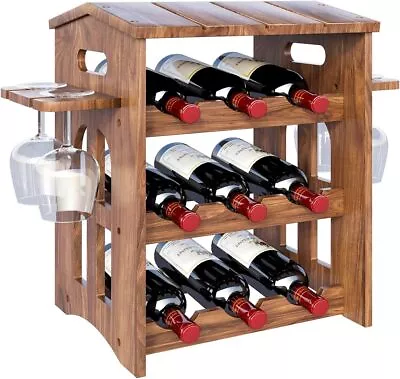 9 Bottles Freestanding Countertop Wine Rack Solid Wood House 9 Bottles Brown  • $56.99