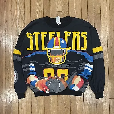 Vintage 1989 Carbide Pittsburgh Steelers Retro Bowl AOP Crewneck Sweatshirt Sz L • $150