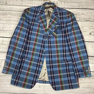 NWT Ibiza Mambo Blue Madras Plaid Cotton Blazer Sz 42R Sport Coat Jacket Spring • $129.95