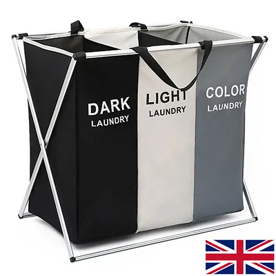 £53.19 • Buy Laundry Basket Hamper Clothes Bin Organiser Folding Light Dark Colour 3 Section