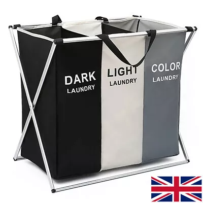 Laundry Basket Hamper Clothes Bin Organiser Folding Light Dark Colour 3 Section • £12.49