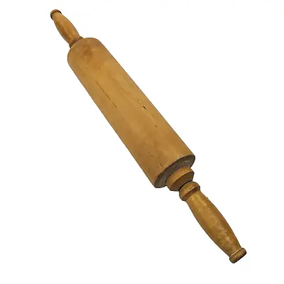 Vintage Farmhouse Wooden Rolling Pin Natural Turn Handle 19   Long Seasoned Wood • $19.50