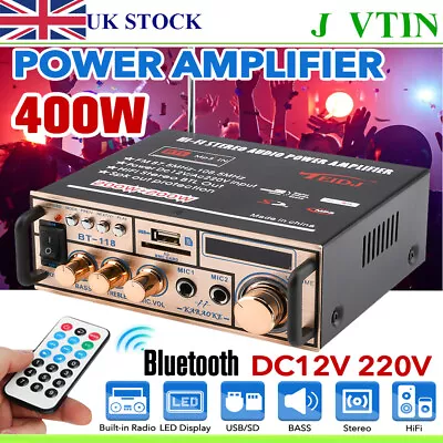 400W Audio Power Amplifier 2CH 12V Stereo Bluetooth HiFi FM Home Car Karaoke Amp • £28.49