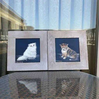 Hand Painted Acrylic On PVC Wood Framed Cat Kitten Set (2) Signed D. Gonzales • $50