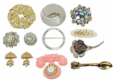 VINTAGE BROOCH Lot Of 12 Gold & Silver Tone Rhinestones Pink Phone White Mother • $23