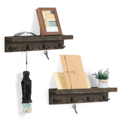 2 Pcs Rustic Coat Rack With Shelf Wall Mount 4 Dual Hooks For Entryway Mudroom • $25.89