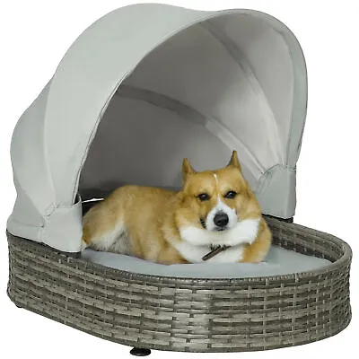 £85.99 • Buy PawHut Wicker Pet Bed For Small Medium Dogs W/ Adjustable Canopy Cushion, Grey