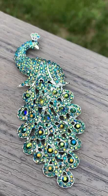 $10 • Buy Huge 5  Turquoise Teal Blue Iridescent Brooch Rhinestone Peacock Pin Jewelry NEW