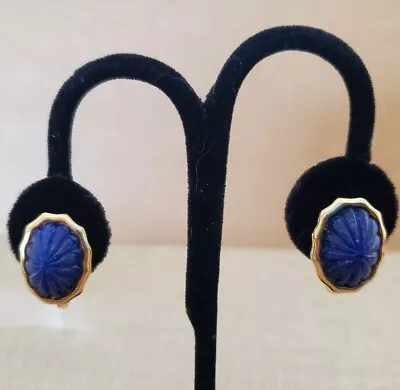 Gorgeous Vintage Monet Pierced Comfort Back Navy Blue Lapis Ribbed Earrings 7/8  • $24.95