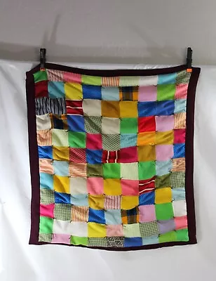 Vintage 60s Retro Mod Hand Tied Polyester Double Knit Square String Quilt 34x36 • $30