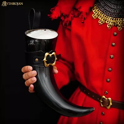 Viking Drinking Horn Mug 600ML With Black Leather Holder Medieval Beer Mead Ale • $18.99