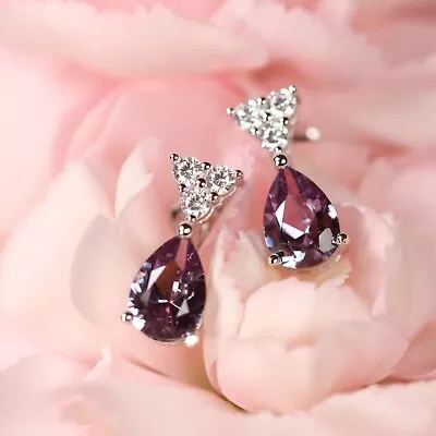 925 Sterling Silver Change Color Teardrop Alexandrite Stud Earrings • $16