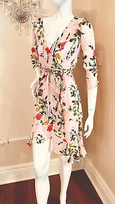 MILLY Pink Floral Silk Wrap Dress Ruffed Trim  Waist Tie Size 2 US Retail $495 • $127
