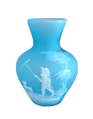 Vintage Mary Gregory Style Painted Westmoreland Blue Art Glass Vase Boy & Dog • $32