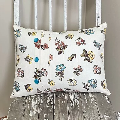 Floral Barkcloth Throw Pillow Pleated Buttons 12x16 • $32