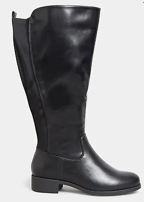 Ladies  Yours Size 7 EEE Black Stretch Faux Leather Knee High Low Heel Boots • £30