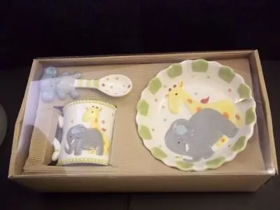 Child's Dinnerware Set Bowl Mug Spoon Safari Theme Mudpie Elephant Giraffe • $23.50