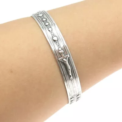 925 Sterling Silver Antique Rosary Chain Cross Religious Bangle Bracelet 8.25  • $159.95