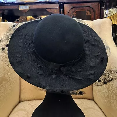 Vintage Black Wool Felt Hat With Decorative Netting By Geo W. Bollman & Co. • $74.01