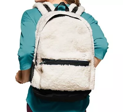 VICTORIA'S SECRET PINK Campus Backpack Laptop Book Bag White Sherpa Black Mesh • $53.99