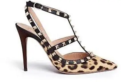 Valentino Rockstud Studded Leopard Pony Hair T Strap Heels Shoes Sandals $1445 • $749.99