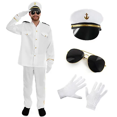 Mens Navy Officer Outfit Hat Gloves & Glasses Fancy Dress Sea Captain Sailor  • £22.99
