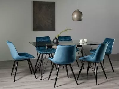 Miro Tempered Glass 6 Seat Dining Table & 6 Seurat Blue Velvet Fabric Chairs • £913