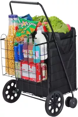 $55.99 • Buy Folding Grocery Basket Cart Shopping Wheels Large Metal Utility Laundry