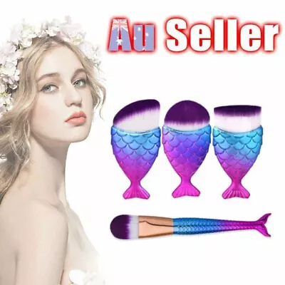 4 X Mermaid Makeup Brushes Set Fish Tail Foundation Eyeshadow Cosmetic Brush AU • $15.65