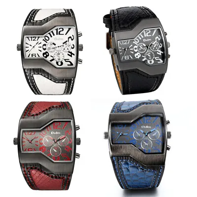 Mens Army Sports Military Two Time Zones Dial Leather Strap Quartz Wrist Watch H • $17.09