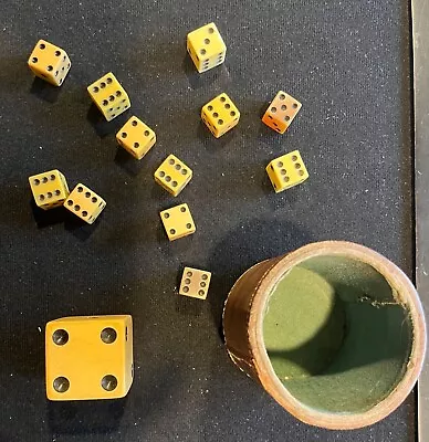 Vintage Bakelite Dice 12 Assorted Dice And One Jumbo With Leather Shaker Cup • $14.95