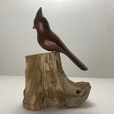 $30 • Buy VINTAGE Folk Art Hand Carved Wood CARDINAL Bird Figurine Mounted On Wood Base