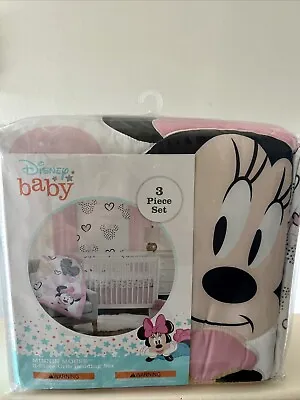 Disney Baby Minnie Mouse Hearts 3 Piece Crib Bedding Set • $40